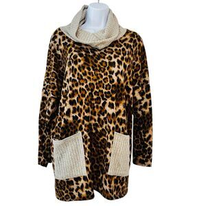 Lilypad Fuzzy Leopard Oversized Drop Shoulder Tunic Pockets Medium Cowl Neck